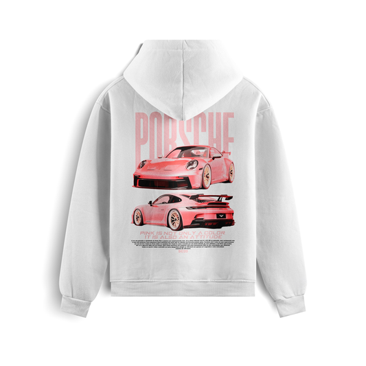 Pink Porsche 911 GT3 RS hoodie featuring premium cotton blend fabric, sporty design inspired by the GT3 RS, and luxurious streetwear styling.