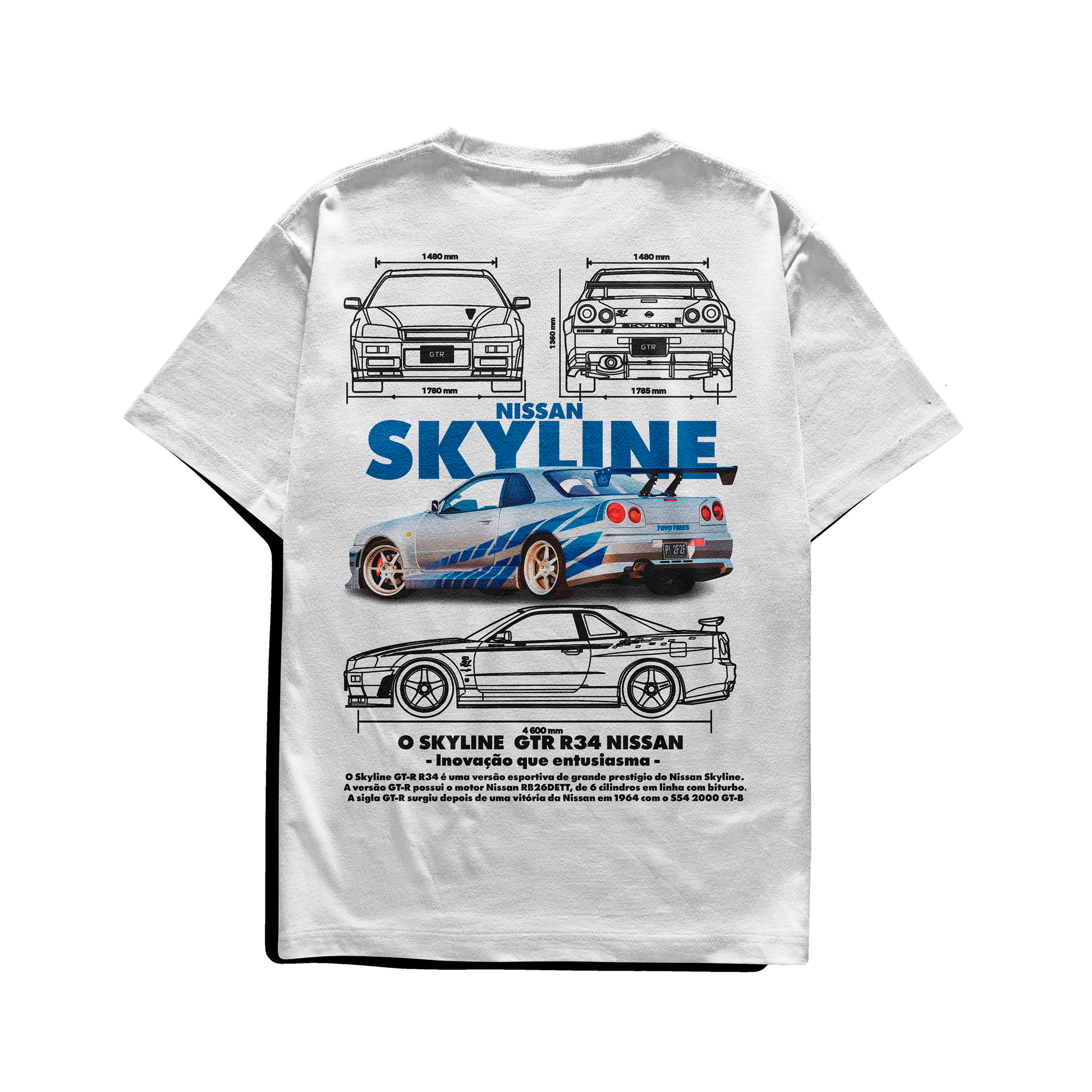 Black and white T-shirts featuring detailed blueprints and an illustration of the Nissan Skyline GT-R R34 with bold “NISSAN SKYLINE” lettering in blue.