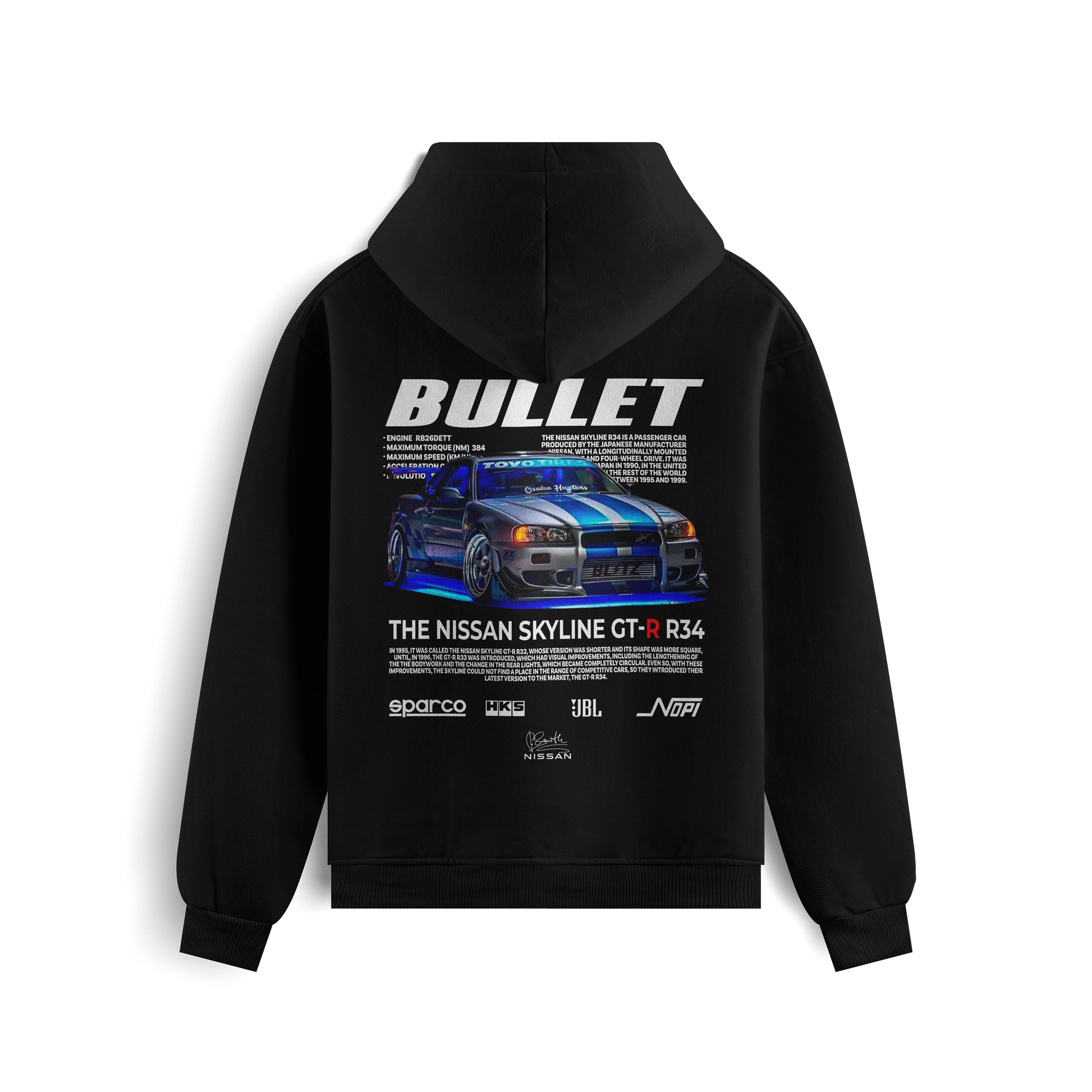 Black and white hoodies featuring the Nissan Skyline GT-R R34 “Bullet” graphic on the back, showing the blue car design, and minimalist “Nissan Skyline” text on the front.