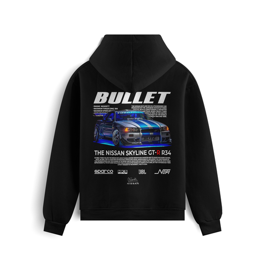 Black and white hoodies featuring the Nissan Skyline GT-R R34 “Bullet” graphic on the back, showing the blue car design, and minimalist “Nissan Skyline” text on the front.