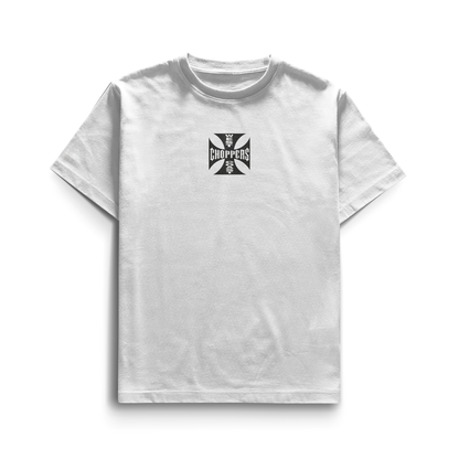 Black and white T-shirts featuring the West Coast Choppers iron-cross logo on the chest and back, inspired by Brian O’Conner’s street-racing style.