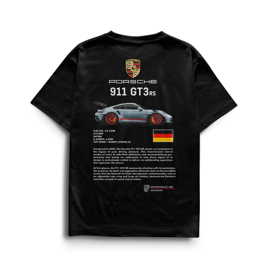 Black and white T-shirts featuring the Porsche crest on the front and a detailed 911 GT3 RS car illustration on the back, with performance specs and German flag design.