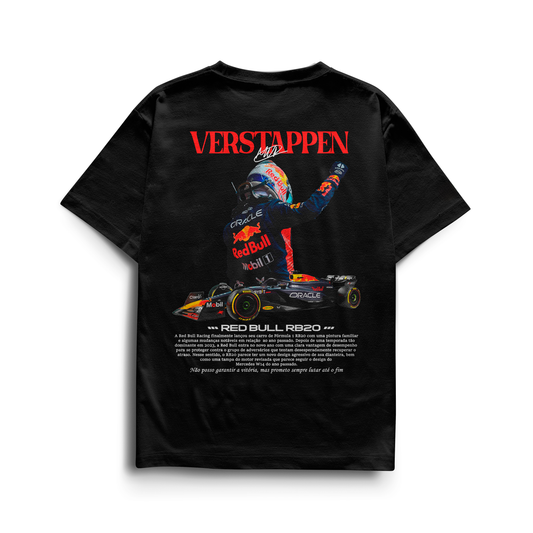 Black and white T-shirts featuring Max Verstappen celebrating in his Red Bull RB20 Formula 1 car with “Verstappen” text and detailed race-inspired design.