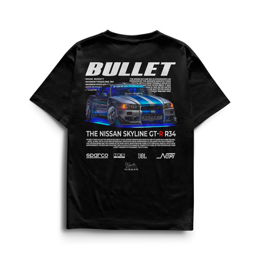 Black and white T-shirts featuring the Nissan Skyline GT-R R34 “Bullet” design with blue racing stripes, performance specs, and sponsor logos like Sparco, HKS, and JBL.