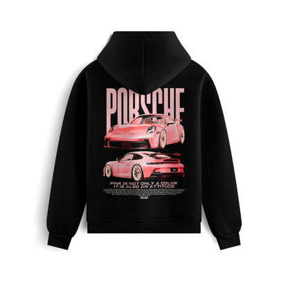 Pink Porsche 911 GT3 RS hoodie featuring premium cotton blend fabric, sporty design inspired by the GT3 RS, and luxurious streetwear styling.