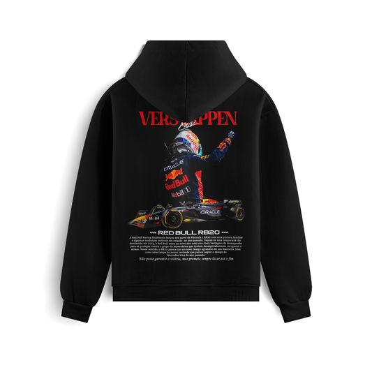 Black and white Formula 1 hoodies featuring Verstappen’s name and Red Bull RB20 car graphic on the back, and a minimalist red Formula 1 logo on the front chest