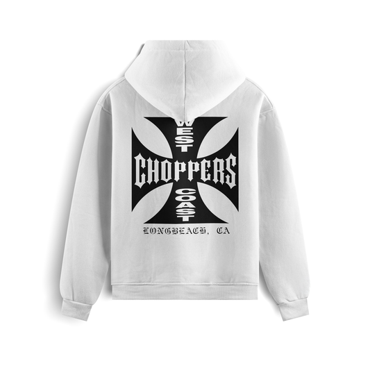 Black and white hoodies featuring the West Coast Choppers iron cross logo on the front and back, with “Long Beach, CA” typography in bold biker style.