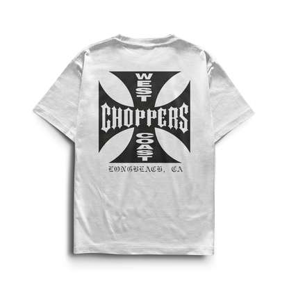 Black and white T-shirts featuring the West Coast Choppers iron-cross logo on the chest and back, inspired by Brian O’Conner’s street-racing style.