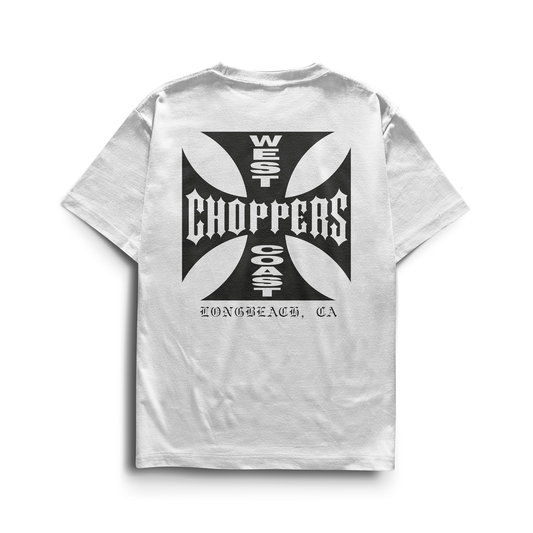 Black and white T-shirts featuring the West Coast Choppers iron-cross logo on the chest and back, inspired by Brian O’Conner’s street-racing style.