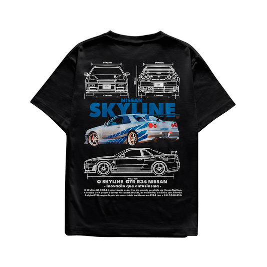 Black and white T-shirts featuring detailed blueprints and an illustration of the Nissan Skyline GT-R R34 with bold “NISSAN SKYLINE” lettering in blue.