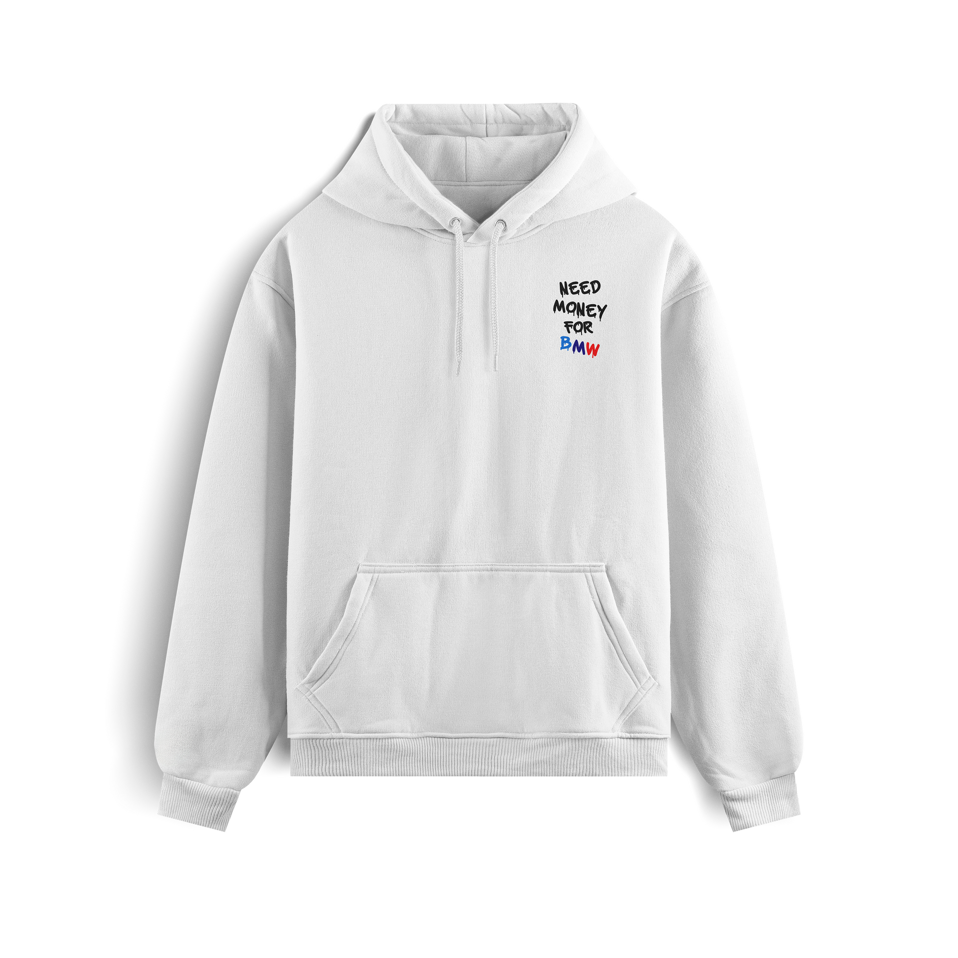 Black and white hoodies with the phrase “Need Money for BMW” in bold graffiti-style letters, featuring BMW M colors (blue, navy, and red) on the back and chest.